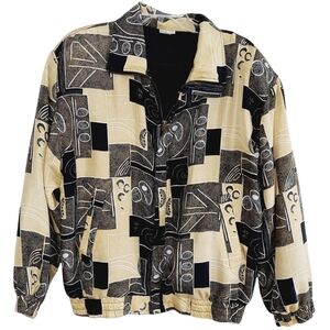 Vintage Fuda International Woman's Large Silk Bomber Jacket Geometric Black 90s